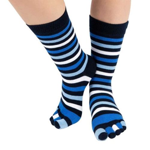 ToeToe Essential Mid-Calf Toe Socks Striped Denim | Happy Little Soles UK